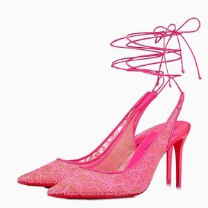 Christian Louboutin LACE UP KATE 85 Satin Heels Pumps Shoes Fluo Neon Pink